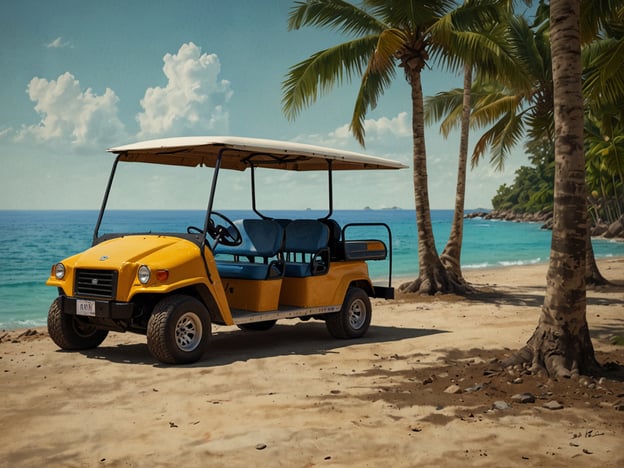 Auf dem Bild ist ein gelbes Golfcart zu sehen, das am Strand steht, umgeben von Palmen und mit Blick auf das Meer. Es vermittelt eine entspannte Urlaubsatmosphäre.
**Praktische Reisetipps für deinen Besuch:**
1. **Mietoptionen:** Wenn du ein Golfcart mieten möchtest, informiere dich vorab über die besten Anbieter am Ort.
2. **Sonnenschutz:** Vergiss nicht, Sonnencreme und einen Hut mitzunehmen, besonders wenn du am Strand bist.
3. **Wasser und Snacks:** Halte ausreichend Wasser und Snacks bereit, um dich während deiner Erkundungstour zu erfrischen.
4. **Sicherheit:** Beachte die örtlichen Verkehrsregeln, besonders wenn du auf Straßen fährst, die von Autos und anderen Fahrzeugen frequentiert werden.
5. **Erkundung:** Nutze die Gelegenheit, die Umgebung zu erkunden. Viele Strände haben versteckte Buchten oder lokale Märkte in der Nähe.
Viel Spaß beim Erkunden deines Reiseziels!