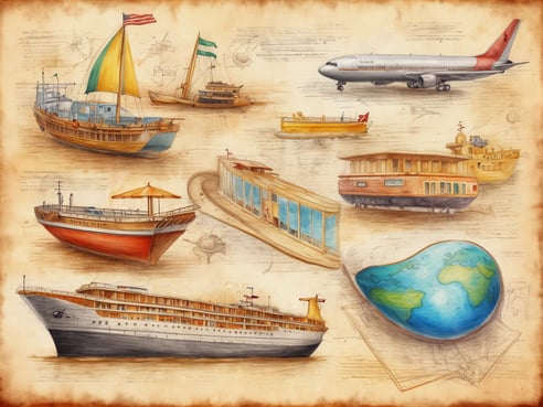 Das Bild zeigt eine Collage verschiedener Wasser- und Luftfahrzeuge, die kunstvoll dargestellt sind. In der oberen Reihe sind unter anderem ein Flugzeug, ein Segelboot und ein weiteres Schiff zu sehen. In der Mitte befinden sich ein Boot mit einem Sonnenschirm und ein modernes Passagierschiff. Unten rechts liegt eine Erdkugel, die auf einem Blatt Papier abgebildet ist. Die Hintergründe zeigen technische Zeichnungen, die die maritime und luftfahrttechnische Inspiration unterstreichen.