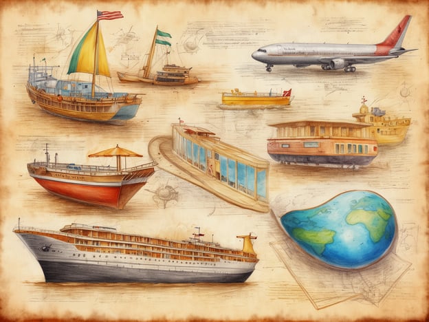 Das Bild zeigt eine Collage verschiedener Wasser- und Luftfahrzeuge, die kunstvoll dargestellt sind. In der oberen Reihe sind unter anderem ein Flugzeug, ein Segelboot und ein weiteres Schiff zu sehen. In der Mitte befinden sich ein Boot mit einem Sonnenschirm und ein modernes Passagierschiff. Unten rechts liegt eine Erdkugel, die auf einem Blatt Papier abgebildet ist. Die Hintergründe zeigen technische Zeichnungen, die die maritime und luftfahrttechnische Inspiration unterstreichen.