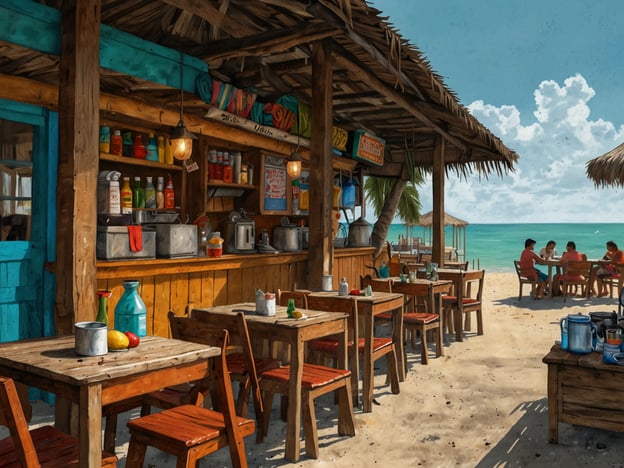 Auf dem Bild ist eine gemütliche Strandbar auf Caye Caulker zu sehen, die einladend mit bunten Hölzern und rustikalen Möbeln gestaltet ist. Der offene Raum vermittelt ein entspanntes Urlaubsgefühl, während die Tische auf dem Sand platziert sind und einen Blick auf das türkisfarbene Wasser bieten.
In der Bar könnten kulinarische Genüsse wie frische Meeresfrüchte, ceviche und tropische Cocktails serviert werden. Das Ambiente lädt dazu ein, die lokale Küche zu genießen und dabei die spektakuläre Aussicht zu bestaunen. Auch die frischen Früchte, die auf den Tischen stehen, könnten Teil eines erfrischenden Desserts oder eines exotischen Getränks sein.