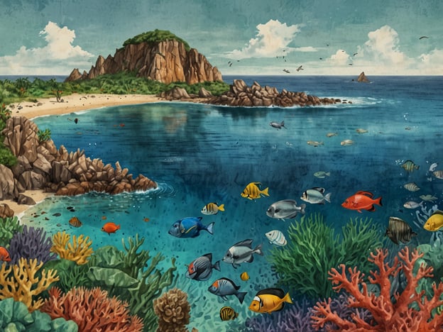 Das Bild zeigt eine eindrucksvolle Unterwasserlandschaft, die reich an Korallen und bunten Fischen ist. Im Vordergrund sind verschiedene Arten von Korallen zu sehen, die in lebendigen Farben leuchten, während zahlreiche Fische in unterschiedlichsten Formen und Farben umher schwimmen. Im Hintergrund erkennt man eine Insel mit einem leicht bewaldeten Hügel und Felsen, die ins Meer ragen.Das Hol Chan Marine Reserve, gelegen vor der Küste von Belize, ist bekannt für seine beeindruckende marine Biodiversität. Es wurde 1987 als erstes Meeresschutzgebiet in Belize eingerichtet und umfasst verschiedene Ökosysteme, darunter Korallenriffe, Seegraswiesen und Mangroven. Diese geschützten Gebiete bieten Lebensraum für eine Vielzahl von Meereslebewesen, darunter farbenfrohe Fische, Meeresschildkröten und viele andere Arten, die für den marinen Naturschutz von zentraler Bedeutung sind.