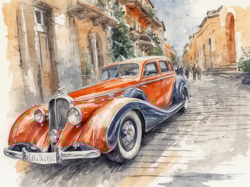Ein elegantes, klassisches Auto in leuchtendem Rot und Blau steht auf einer gepflasterten Straße. Im Hintergrund sind historische Gebäude mit gelblichen Fassaden und grünen Pflanzen zu sehen. Menschen schlendern gemütlich entlang der Straße, während der Galaabend eine festliche Atmosphäre vermittelt.