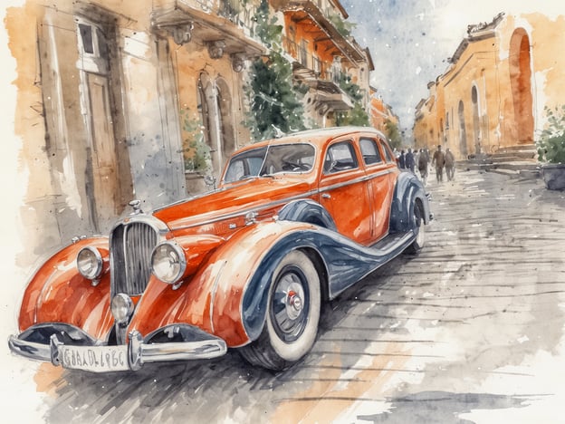 Ein elegantes, klassisches Auto in leuchtendem Rot und Blau steht auf einer gepflasterten Straße. Im Hintergrund sind historische Gebäude mit gelblichen Fassaden und grünen Pflanzen zu sehen. Menschen schlendern gemütlich entlang der Straße, während der Galaabend eine festliche Atmosphäre vermittelt.