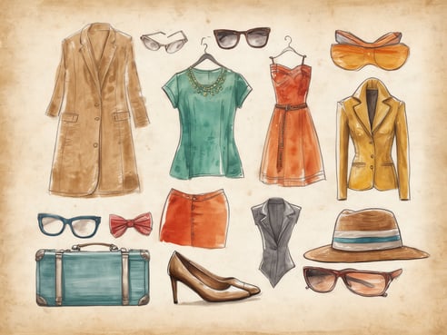 Eine stilvolle Anordnung von Kleidung und Accessoires ist auf dem Bild zu sehen. Zu den Elementen gehören ein brauner Mantel, ein grünes Oberteil, ein rotes Kleid, ein orangefarbenen Rock, eine gelbe Jacke, eine graue Weste und eine braune Absatzschuhe. Zusätzlich sind verschiedene Sonnenbrillen, eine grüne Reisetasche, eine Fliege, eine Hut mit breiter Krempe sowie eine elegante Handtasche abgebildet. Die gesamte Darstellung vermittelt einen modischen und kreativen Eindruck.