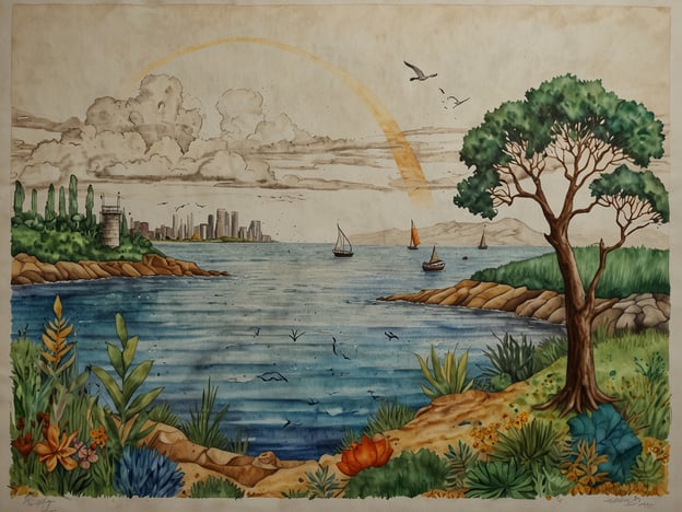 Auf dem Bild ist eine harmonische Landschaft zu sehen, die eine Verbindung zwischen Natur und urbanem Leben darstellt. Im Vordergrund gibt es eine vielfältige Pflanzenwelt mit bunten Blumen und grünen Sträuchern, die den Naturschutz symbolisieren. Der Wasserbereich weist einige Segelboote auf und spiegelt die Bedeutung von nachhaltigen Wasserressourcen wider.Im Hintergrund sieht man eine Stadt, die zeigt, wie menschliche Siedlungen in Harmonie mit der Natur koexistieren können. Die Wolken und der sanfte Regenbogen steuern zur friedlichen Atmosphäre bei, die sowohl die Schönheit der Natur als auch die Notwendigkeit des Naturschutzes und der nachhaltigen Entwicklung verdeutlicht. Diese Darstellung könnte als Inspiration dienen, um ein Gleichgewicht zwischen urbaner Entwicklung und der Bewahrung der natürlichen Umgebung zu finden.