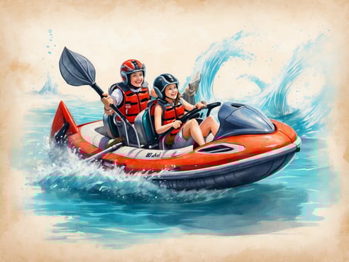Zwei fröhliche Kinder sitzen in einem roten Wasserscooter, während sie über eine Welle fahren. Beide tragen Schwimmwesten und Helme, der Junge hält ein Paddel in der Hand, während das Mädchen mit einer Hand jubelt. Im Hintergrund sind spritzende Wellen und eine aquatische Umgebung zu sehen, die eine lebendige und abenteuerliche Atmosphäre vermitteln. Diese Szene könnte im Erlebnisbad Aqacur Badewelt Kötzting stattfinden und zeigt den Spaß und die Aufregung beim Wassersport.