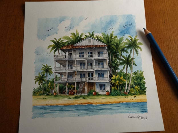 Auf dem Bild ist eine aquarellierte Darstellung eines Gebäudes in einer tropischen Umgebung zu sehen, umgeben von Palmen und einem Strand. Diese Art von Ziel könnte eine ideale Grundlage für eine Reise sein.Hier sind einige Tipps zur Reisevorbereitung:1. **Wohin reisen?** Überlege dir, ob du an einem ähnlichen Ort entspannen möchtest. Schau dir Reiseziele in tropischen Regionen an.2. **Unterkunft planen:** Informiere dich im Voraus über Unterkünfte, die ähnliche Ansichten bieten. Buche rechtzeitig, um die besten Preise zu sichern.3. **Aktivitäten überlegen:** Recherchiere Aktivitäten in der Umgebung, wie Strandausflüge, Wassersport oder kulturelle Sehenswürdigkeiten.4. **Reisezeit:** Informiere dich über die beste Reisezeit, um Überfüllung oder schlechtes Wetter zu vermeiden.5. **Packliste erstellen:** Packe alles Notwendige ein, von Badekleidung bis hin zu Sonnenschutz und Erstausrüstung für eventuell geplante Aktivitäten.6. **Budget planen:** Erstelle ein Budget für Unterkunft, Essen, Transport und Aktivitäten, um unerwartete Ausgaben zu vermeiden.Viel Spaß bei der Reisevorbereitung!