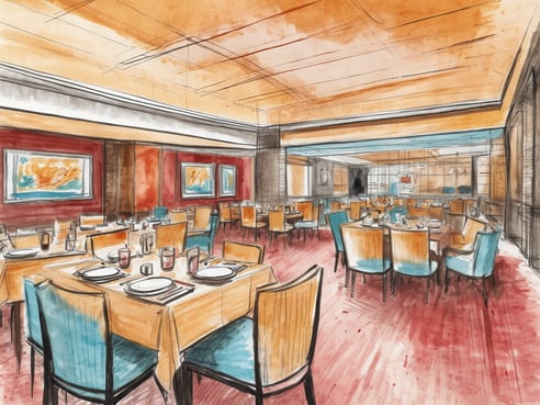 Das Bild zeigt die Innenansicht eines eleganten Restaurants mit Tischen und Stühlen in verschiedenen Farben. Die Tische sind mit gelben Tischdecken gedeckt und mit weißen Tellern sowie Gläsern ausgestattet. An den Wänden hängen zwei farbenfrohe Bilder, die einen Hauch von Kunst verleihen. Der Boden ist rot, und die Beleuchtung sorgt für eine warme Atmosphäre. Im Hintergrund ist ein offener Bereich zu sehen, der vermutlich zur Küche oder Bar führt. Dieses Restaurant bietet ein All-inclusive Erlebnis an Bord.