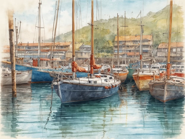 Eine malerische Hafenszene mit mehreren Booten im Wasser, die in einem ruhigen Ankerplatz liegen. Die Boote sind unterschiedlich farbig, darunter blaue, weiße und orangefarbene Exemplare. Im Hintergrund sind einige Gebäude mit roten Dächern zu sehen, die von einem grünen Hügel umgeben sind. Das Wasser spiegelt die Farben der Boote und der Umgebung wider, während die Szenerie in sanften Aquarelltönen gehalten ist. Die Atmosphäre wirkt friedlich und einladend.