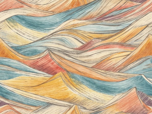 Eine abstrakte Darstellung von Wellen und Hügeln in verschiedenen Farben, darunter Blau, Gelb, Orange und Rot. Die Formen sind geschwungen und erzeugen einen dynamischen Eindruck, als ob sie sich sanft bewegen. Der Hintergrund ist in sanften, harmonischen Tönen gehalten, die den Gesamteindruck lebhaft und ansprechend machen.