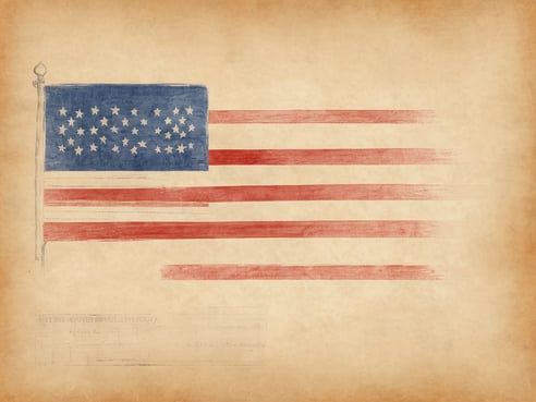 Eine alte, verkleidete Flagge der Vereinigten Staaten auf einem geschichteten, beigen Hintergrund. Die Flagge zeigt dreizehn rote und weiße Streifen sowie ein blaues Rechteck mit fünfzig weißen Sternen. Der Stil vermittelt einen historischen oder nostalgischen Eindruck.