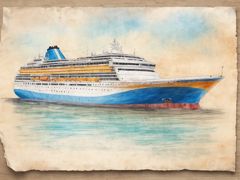 Das Bild zeigt ein Kreuzfahrtschiff mit einem blauen und weißen Rumpf. Das Schiff hat mehrere Decks und große Fenster, die einen Blick auf die Passagierbereiche ermöglichen. Auf dem Oberdeck sind verschiedene Ausstattungen wie Schornsteine und Antennen zu sehen. Im Hintergrund ist das Wasser in sanften Farben dargestellt, was eine ruhige maritime Stimmung erzeugt. Der Himmel ist leicht verwaschen, wodurch der Fokus auf dem Schiff liegt.