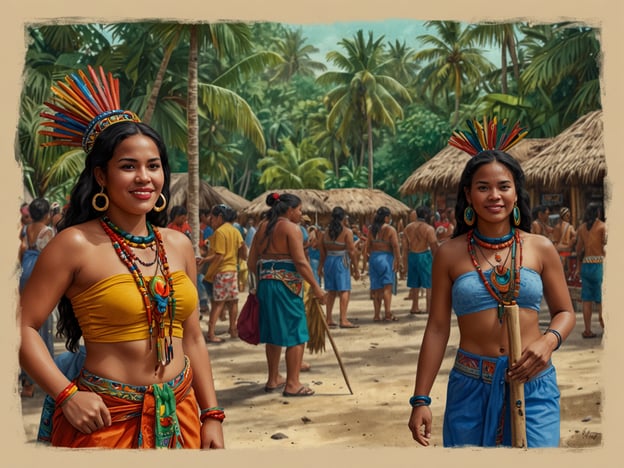 Auf dem Bild sind zwei Frauen zu sehen, die traditionelle Kleidung tragen, die reich an Farben und Schmuck ist. Ihre Aufmachung zeigt die kulturelle Vielfalt und die Traditionen, die in tropischen Regionen, möglicherweise in einer indigenen Gemeinschaft, verwurzelt sind. Der Hintergrund mit Palmen und typischen Bauten lässt auf ein lebendiges Dorf- oder Festtagsleben schließen.Die Kleidung und der Schmuck spiegeln lokale Kunsthandwerkstraditionen wider und könnten auf den Einfluss der Umgebung und der Natur hindeuten. Solche Darstellungen fördern das Verständnis und die Wertschätzung für die verschiedenen Kulturen, die einzigartige Rituale und Gemeinschaftsfeiern zu schätzen wissen. Diese Vielfalt ist ein wichtiger Bestandteil des kulturellen Erbes und zeigt, wie Tradition und Lebensstil über Generationen hinweg weitergegeben werden.