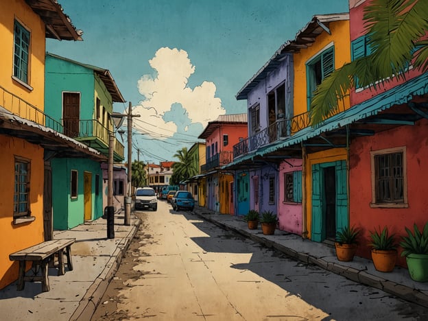 Auf dem Bild ist eine bunte Straße in Belize City zu sehen. Die Häuser sind in verschiedenen lebendigen Farben gestrichen, darunter Gelb, Grün, Blau und Rosa. Die Straße ist schmal, und es gibt einige Autos sowie einen Holztisch auf der linken Seite. Palmen und Töpfe mit Pflanzen fügen ein tropisches Flair hinzu. Der Himmel ist klar mit einigen Wolken. Diese Szenerie spiegelt den charmanten und lebhaften Charakter der Stadt wider.