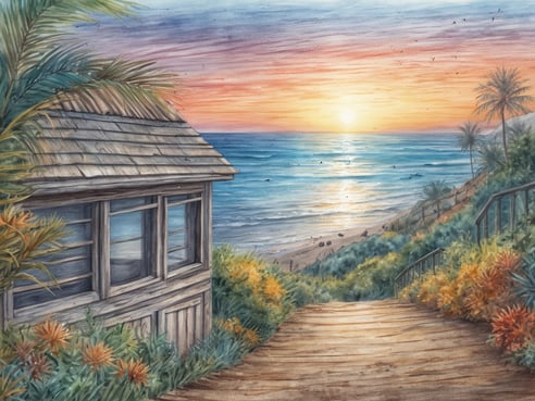 Eine malerische Küstenlandschaft mit einem Holzhaus, das am Rand eines steilen Wegs steht. Der Weg führt hinunter zum Strand, umgeben von üppigem Grün und bunten Blumen. Im Hintergrund erstreckt sich das Meer bis zum Horizont, wo die Sonne untergeht und den Himmel in warmen Farben von Orange und Lila erleuchtet. Einige Vögel fliegen über das Wasser, während die sanften Wellen an den Strand rollen.