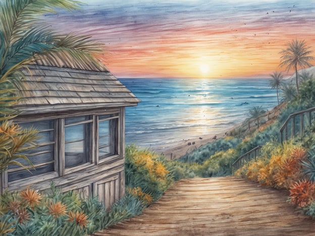 Eine malerische Küstenlandschaft mit einem Holzhaus, das am Rand eines steilen Wegs steht. Der Weg führt hinunter zum Strand, umgeben von üppigem Grün und bunten Blumen. Im Hintergrund erstreckt sich das Meer bis zum Horizont, wo die Sonne untergeht und den Himmel in warmen Farben von Orange und Lila erleuchtet. Einige Vögel fliegen über das Wasser, während die sanften Wellen an den Strand rollen.