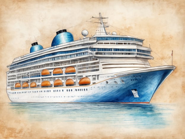 Ein Kreuzfahrtschiff der Premium-Klasse wird in einem künstlerischen Stil dargestellt. Es zeigt eine große Struktur mit einem weißen Rumpf und blauen Akzenten. Auf dem oberen Deck sind markante blaue Schornsteine sichtbar. Die Kabinen sind durch große, orangefarbene Bullaugen gekennzeichnet, die entlang der Seitenlinie des Schiffs angeordnet sind. Der Hintergrund ist in sanften Erdtönen gehalten, was dem Bild eine nostalgische Note verleiht. Das Schiff scheint auf ruhigem Wasser zu liegen, was eine friedliche und einladende Atmosphäre schafft.