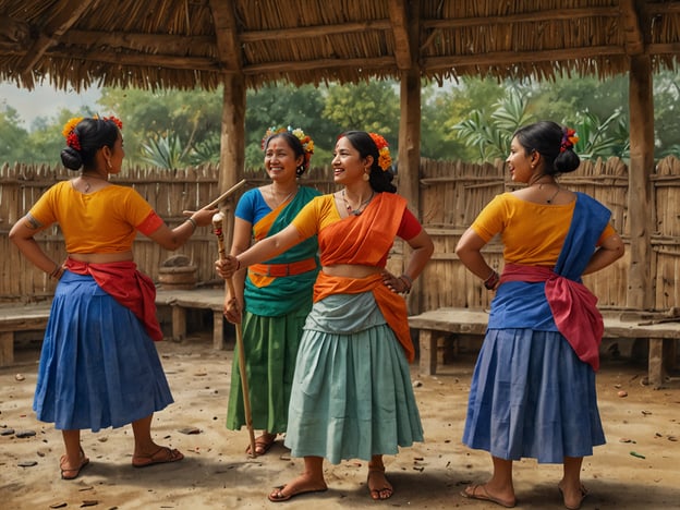 Auf dem Bild sind mehrere Frauen in farbenfrohen traditionellen Kostümen zu sehen, die in einer ländlichen Umgebung stehen, vermutlich in einem kulturellen oder festlichen Kontext. Die Frauen scheinen miteinander zu interagieren, möglicherweise in einer traditionell-tänzerischen oder festlichen Darbietung.In der Nähe könnten kulturelle Erfahrungen wie Folklore-Tänze, lokale Feste oder Handwerksmärkte stattfinden. Solche Veranstaltungen bieten oft die Möglichkeit, traditionelle Musik, Kunsthandwerk und kulinarische Köstlichkeiten zu erleben und mehr über die Geschichten und Bräuche der Region zu lernen.