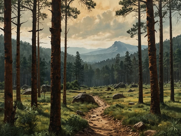 Das Bild zeigt eine malerische Waldlandschaft, die von hohen Bäumen geprägt ist, mit einem Pfad, der durch eine Wiese führt und zu einem Gebirgszug im Hintergrund führt. Diese Art von Naturszene erinnert an die romantische Malerei des 19. Jahrhunderts, die oft die Schönheit der Natur darstellt und den Menschen als Teil dieser Umgebung thematisiert.Kulturell und historisch gesehen ist der Wald ein Symbol für viele Aspekte des menschlichen Lebens. In vielen Kulturen repräsentiert der Wald sowohl die Unschuld als auch das Unbekannte. Er war oft Schauplatz von Mythen und Sagen, in denen sich Helden bewähren oder spirituelle Erfahrungen machen. In der deutschen Romantik zum Beispiel wurde die Natur als eine Quelle der Inspiration angesehen, und viele Künstler suchten Zuflucht in abgelegenen Landschaften, um sich mit der Natur zu verbinden und spirituelle Einsichten zu gewinnen.Zudem spielt der Wald in der Umweltbewegung eine zentrale Rolle, da er als wichtiger Lebensraum für Flora und Fauna gilt und gleichzeitig zur Regulierung des Klimas beiträgt. Die Erhaltung solcher Naturräume ist entscheidend, um die Biodiversität zu schützen und den menschlichen Bedürfnissen nach Erholung und Naturerlebnis gerecht zu werden.