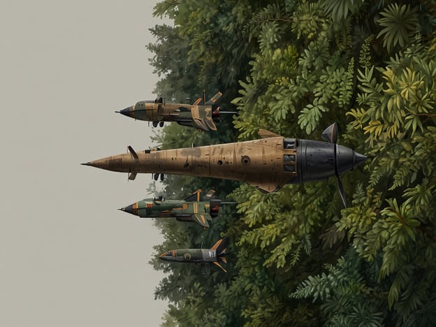 Auf dem Bild sind Raketen und ein Flugkörper zu sehen, die zwischen üppigem Grün aus Bäumen und Pflanzen angeordnet sind. Diese Darstellung könnte auf militärische Themen oder historische Konflikte hinweisen.**Reisetipps für deinen Besuch in einem ähnlichen Kontext:**1. **Besuch von Museen:** Informiere dich über Museen, die sich mit Militärgeschichte oder Technologie befassen, um mehr über die Entwicklung und den Einsatz solcher Systeme zu erfahren.2. **Führungen:** Nimm an geführten Touren teil, um tiefere Einblicke zu erhalten. Oftmals sind diese Touren mit Experten besetzt, die interessante Anekdoten und Fakten teilen können.3. **Wanderungen in der Natur:** Kombiniere deinen Besuch mit einer Erkundung der umliegenden Natur, um die Umgebung zu genießen und die Kontraste zwischen Technik und Natur zu erleben.4. **Veranstaltungen:** Halte Ausschau nach Sonderveranstaltungen oder Vorträgen, die möglicherweise zeitlich mit deinem Besuch zusammenfallen, um die Thematik umfassender zu verstehen.5. **Respekt und Sensibilität:** Sei dir der historischen und emotionalen Dimension solcher Themen bewusst und zeige Respekt während deiner Besuche.