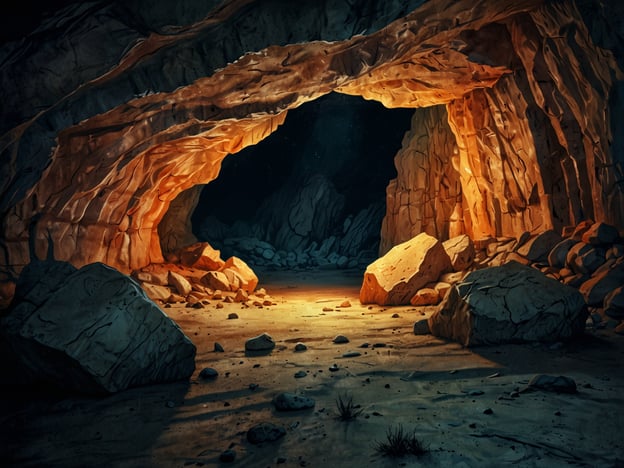 Das Bild zeigt den Eingang einer Höhle, der von warmem Licht erhellt wird. Die Wände und der Boden bestehen aus steinigen Materialien, und große Felsen liegen verstreut. Der innere Teil der Höhle scheint dunkel und geheimnisvoll zu sein, während der Lichtschein eine einladende, aber auch dramatische Atmosphäre schafft.Wenn du die Höhlen erkundest, kannst du außergewöhnliche Formationen, versteckte Räume und faszinierende Mineralien erwarten. Achte auf den Boden, da es rutschig sein kann, und sorge dafür, dass du ein gutes Licht dabei hast, um die Schönheit der Höhle vollständig zu erleben. Es ist wichtig, vorsichtig zu sein und die Umgebung zu respektieren, da viele Höhlen empfindliche Ökosysteme beherbergen.