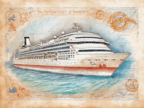 Ein großes Kreuzfahrtschiff fährt majestätisch über das Wasser. Das Schiff hat mehrere Decks, große Fenster und zeichnet sich durch einen weißen Rumpf mit roten Akzenten aus. Im Hintergrund ist eine sanfte Wasseroberfläche zu sehen, die in hellblauen und grünen Farbtönen schimmert. Der Himmel ist leicht bewölkt und verleiht der Szene eine entspannte Atmosphäre. Am unteren Rand des Bildes sind verschiedene dekorative Elemente in einem vintage Stil angeordnet.