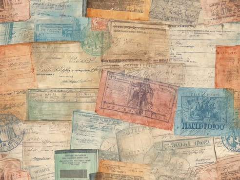 Auf dem Bild sind zahlreiche alte Reisedokumente und Papiere zu sehen. Die Dokumente sind in verschiedenen Farben und Stilen gehalten, darunter Orange, Blau, Grün und Braun. Einige der Papiere enthalten handschriftliche Notizen und verschiedene Stempel. Die Anordnung der Dokumente ist chaotisch, was einen interessanten und nostalgischen Eindruck vermittelt. Das Bild hat eine texturierte Oberfläche, die die Geschichte und den Charakter der Reisedokumente hervorhebt.