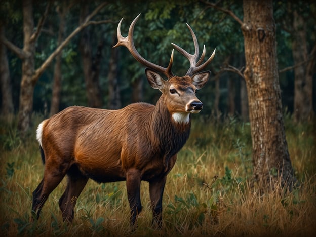 Auf dem Bild ist ein männliches Tier mit Geweih zu sehen, das in einer natürlichen Umgebung steht, umgeben von Bäumen und hohem Gras.**Herausforderungen:**1. **Lebensraumverlust:** Die Wälder, in denen diese Tiere leben, werden oft für Landwirtschaft oder Urbanisierung abgeholzt, was ihren Lebensraum erheblich einschränkt.2. **Wilderei:** Einige Arten werden aufgrund ihres Geweihs gejagt, was zu einem Rückgang der Population führt.3. **Klimawandel:** Veränderungen im Klima beeinflussen die Nahrungsversorgung und Fortpflanzung dieser Tiere.**Erhaltungsmaßnahmen:**1. **Schutzgebiete:** Einrichtung und Erhaltung von Naturschutzgebieten, die diesen Tieren sichere Lebensräume bieten.2. **Aufklärung:** Programme zur Sensibilisierung der Öffentlichkeit über die Bedeutung des Schutzes dieser Arten und ihrer Lebensräume.3. **Regulierung der Jagd:** Strenge Gesetze und Kontrollen, um die Wilderei einzudämmen und nachhaltige Jagdpraxen zu fördern.