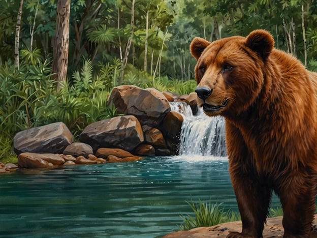 Auf dem Bild ist ein Braunbär zu sehen, der an einem ruhigen Gewässer steht, umgeben von einer üppigen, grünen Landschaft mit Bäumen und Felsen sowie einem kleinen Wasserfall im Hintergrund.Wenn Sie solche Tierbilder in der Natur sehen möchten, könnten Sie einen Besuch in Nationalparks in Nordamerika in Betracht ziehen, wie zum Beispiel den Yellowstone Nationalpark oder den Glacier Nationalpark. Dort haben Besucher die Möglichkeit, Wildtiere in ihrem natürlichen Lebensraum zu beobachten.Stellen Sie sicher, dass Sie die entsprechenden Sicherheitsvorkehrungen treffen, um Begegnungen mit Bären zu vermeiden, und beachten Sie die Informationen der Parkverwaltung zu Wanderungen und Tierbeobachtungen. Ein Führer kann ebenfalls hilfreich sein, um mehr über die lokale Flora und Fauna zu erfahren.
