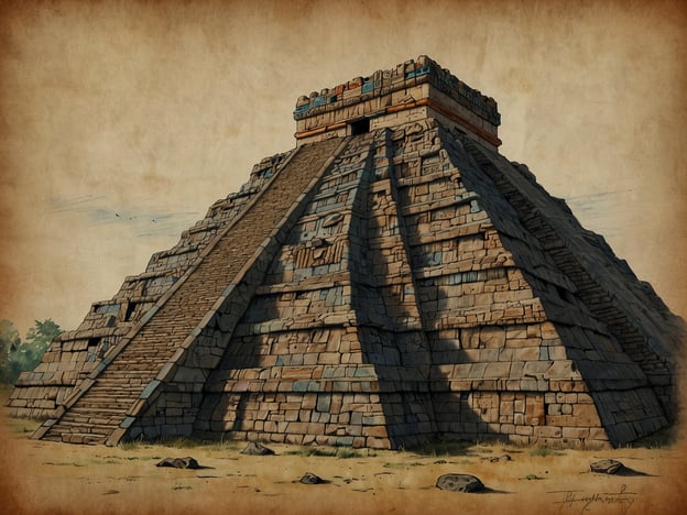 Auf dem Bild ist eine stilisierte Darstellung einer pyramidenförmigen Struktur, die stark an die Architektur der Maya erinnert. Diese Pyramide hat eine ausgeprägte treppenartige Gestaltung, die typisch für viele Maya-Stätten ist, wie zum Beispiel die Pyramiden von Chichen Itza oder Tikal.Die Stufen führen zu einer Plattform an der Spitze, die eine wichtige religiöse oder zeremonielle Funktion gehabt haben könnte. Die Verwendung von großen Steinen und das aufwändige Mauerwerk sind charakteristisch für den Bau der Maya. Häufig wurden diese Pyramiden als Tempel und Zeremonialorte genutzt, und die Details an der oberen Plattform könnten darauf hinweisen, dass sie mit kunstvollen Schnitzereien oder Skulpturen verziert waren, die den Glauben und die Kultur der Maya widerspiegeln.Der Schattenwurf und die Beleuchtung verleihen der Darstellung zudem eine dramatische Wirkung, die die monumentale Größe und die kulturelle Bedeutung dieser Bauwerke unterstreicht.