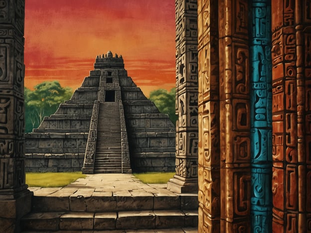 Das Bild zeigt eine fiktive, künstlerische Darstellung einer Pyramide, die an die archäologische Stätte Altun Ha in Belize erinnert. Altun Ha ist eine der bedeutendsten Maya-Stätten und war ein wichtiges Handels- und religiöses Zentrum.Die Pyramide und die Steinsäulen könnten symbolisch für die religiösen Praktiken und die Architektur der Maya-Kultur stehen. Altun Ha ist bekannt für die Vielzahl an Artefakten, die dort gefunden wurden, darunter der berühmte „Jade-Kopf“. Diese religiösen und kulturellen Elemente unterstreichen die hohe Bedeutung der Maya-Zivilisation in dieser Region und ihre beeindruckenden Fähigkeiten in Kunst und Architektur.Das Spiel von Licht und Farben im Hintergrund könnte die mystische Atmosphäre der Stätte betonen, die für viele Besucher und Forscher von großem Interesse ist.