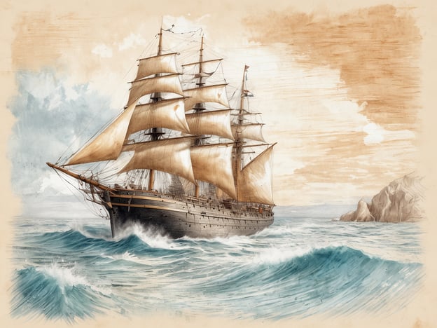 Ein majestätisches Segelschiff mit mehreren großen Segeln fährt durch unruhige Gewässer. Die Wellen sind bewegte, sanfte Töne von Blau und Weiß. Im Hintergrund sind leichte Wolken und ein farbiger Himmel zu sehen, die die Atmosphäre eines stürmischen Tages vermitteln. An der rechten Seite des Bildes ragt eine große, felsige Küste ins Bild, die die maritime Szene prägt. Das gesamte Bild vermittelt ein Gefühl von Abenteuer und Entdeckung auf hoher See.