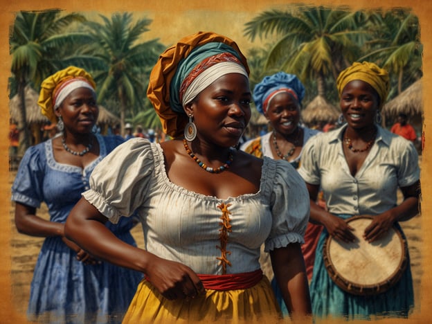 Auf dem Bild sind mehrere Frauen in traditioneller garifuna-typischer Kleidung zu sehen, die anscheinend an einem kulturellen Ereignis oder einer Feier teilnehmen. Ihre bunten Kleider und Kopftücher spiegeln die lebendige Ästhetik der Garifuna-Kultur wider.Die Garifuna sind ein indigenes Volk, das aus der Vermischung afro-karibischer und indigenen Arawak- und Carib-Vorfahren hervorgegangen ist. Diese Kultur ist bekannt für ihre einzigartige Musik, Tanztraditionen und kulinarischen Spezialitäten. Besonders hervorzuheben ist der Garifuna-Tanz, der oft bei Festen und Feiern aufgeführt wird und das Gemeinschaftsgefühl sowie die kulturelle Identität stärkt.Die Darstellung der Frauen in dieser Szene verdeutlicht die Bedeutung von Frauen in der Garifuna-Gemeinschaft sowie ihre Rolle bei der Bewahrung und Weitergabe von Traditionen.