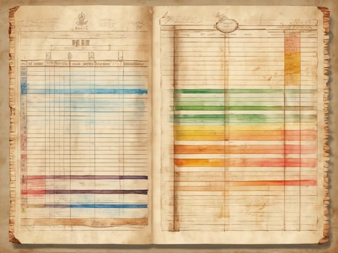 Das Bild zeigt zwei Seiten einer alten Passagierliste, die auf vergilbtem, strukturiertem Papier festgehalten ist. Die linke Seite enthält eine Tabelle mit mehreren Spalten und Zeilen, die mit verschiedenen Farben hervorgehoben sind, darunter Blau, Rot und Lila. Die rechte Seite zeigt ebenfalls eine Tabelle mit farbigen Zeilen in Grün, Gelb, Orange und Rot. Oben auf jeder Seite steht der Titel "DECK" in großen Buchstaben, gefolgt von handschriftlichen Notizen. Die Seiten wirken antiquarisch und haben gefranste Ränder.