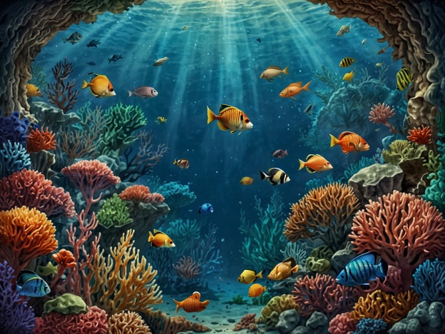 Das Turneffe Atoll ist ein faszinierendes Unterwasserparadies, bekannt für seine reiche marine Biodiversität und atemberaubenden Korallenriffe. In dieser einzigartigen Unterwasserwelt sieht man eine Vielzahl bunter Fische, die zwischen lebhaften Korallen schwimmen.Das Bild zeigt zahlreiche Fischarten, darunter orange, gelbe und blaue Fische, die sich zwischen den farbenfrohen Korallen bewegen. Das sanfte Licht, das durch die Wasseroberfläche dringt, verstärkt die Schönheit dieser Unterwasserlandschaft und schafft eine friedliche und harmonische Atmosphäre. Korallen in verschiedenen Formen und Farben sorgen für eine beeindruckende Kulisse, während sich die Fische im Spiel der Lichtstrahlen elegant durch das Meer bewegen.