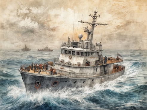 Ein Seenotrettungsschiff fährt durch stürmische Gewässer. Auf dem Deck sind mehrere Personen zu sehen, die sich in verschiedenen Posen bewegen, einige schauen über die Reling. Im Hintergrund sind weitere Schiffe in geringer Entfernung zu erkennen, während dunkle Wolken den Himmel bedecken. Die Wellen schlagen gegen den Bug des Schiffes, das stark beleuchtet ist und eine robuste Bauweise aufweist.