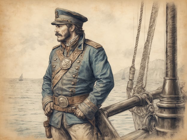 Ein Kapitän in einer blauen Uniform steht an Deck eines Schiffes und blickt nachdenklich auf das offene Wasser. Er trägt eine Mütze mit emblematischem Aufnäher und hat einen markanten Schnurrbart. Die Szenerie ist von einem sanften Farbton geprägt, und im Hintergrund sind weiterhin sanfte Wellen und ein kleines Segelschiff sichtbar, das in der Ferne segelt. Die Landschaft wird von sanften Hügeln umrissen, die vage am Horizont zu erkennen sind.