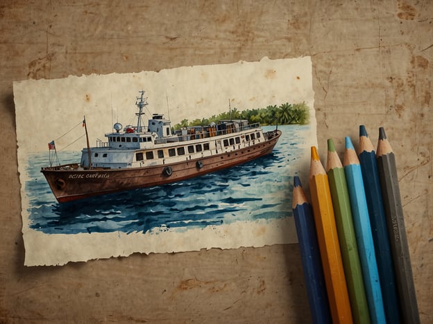 Auf dem Bild ist eine künstlerische Darstellung eines Schiffes zu sehen, das im Wasser liegt, umgeben von einer üppigen Landschaft mit Palmen. Neben dem Bild sind Buntstifte in verschiedenen Farben angeordnet.Wenn du deinen Besuch im Turneffe Atoll planst, solltest du unbedingt Bootsfahrten in Betracht ziehen, um die wunderschöne Natur und die vielfältige Tierwelt zu erkunden. Informiere dich auch über verschiedene Anbieter von Tauchausflügen, um die beeindruckenden Riffs und Meereslebewesen zu entdecken. Außerdem ist es ratsam, Unterkunftsmöglichkeiten im Voraus zu buchen, da die Anfrage zum Teil hoch sein kann. Vergiss nicht, deine Reisezeit entsprechend der besten Wetterbedingungen zu wählen!