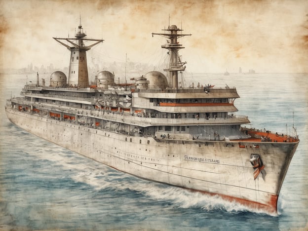 Ein großes, stilvolles Schiff fährt durch ruhige Gewässer. Das Schiff hat mehrere Decks und eine markante Form mit einem hohen Mast und mehreren Schornsteinen. Auf dem Schiff sind viele Menschen zu sehen, die sich auf den Decks aufhalten und die Aussicht genießen. Die Farbe des Schiffes ist überwiegend hell, mit orangefarbenen Akzenten. Im Hintergrund sind vage Umrisse einer Küstenlinie sichtbar, die auf eine städtische Umgebung hindeuten. Der Himmel ist hell und der Gesamtton des Bildes vermittelt ein Gefühl von Eleganz und Ruhe.