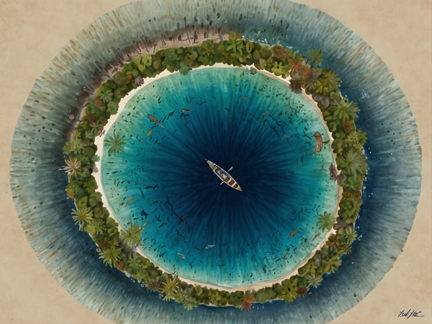 Auf dem Bild ist eine wunderschöne, kreisförmige Lagune zu sehen, umgeben von üppiger Vegetation. In der Mitte der Lagune befindet sich ein Boot, das die ruhigen Gewässer durchquert. Dieses Szenario könnte symbolisch für die Bedeutung von Naturschutz und nachhaltigem Tourismus stehen.Der Schutz solch natürlicher Ökosysteme ist entscheidend, um die Biodiversität zu bewahren und die Schönheit unberührter Landschaften zu erhalten. Nachhaltiger Tourismus fördert den verantwortungsvollen Umgang mit diesen Örtlichkeiten, indem er darauf abzielt, die natürlichen Ressourcen zu schonen und gleichzeitig den lokalen Gemeinschaften Vorteile zu bieten. In diesem Kontext kann das Bild als Aufruf verstanden werden, die Umwelt zu respektieren und nachhaltig zu reisen, um zukünftige Generationen zu schützen.