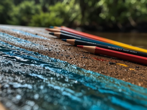 Auf dem Bild sind mehrere Buntstifte zu sehen, die auf einer Oberfläche liegen, an der sich Wasser und Sand befinden. Die Buntstifte sind in verschiedenen Farben angeordnet, und das Wasser spiegelt die Umgebung wider.Tipps für Deinen Besuch:1. **Sonnencreme**: Wenn Du draußen bist, achte auf Sonnenschutz, besonders wenn Du in der Nähe von Wasser bist.2. **Kunstbedarf mitnehmen**: Falls Du kreativ werden möchtest, bringe zusätzliches Zeichenmaterial mit.3. **Entspannung**: Suche dir einen ruhigen Platz, um die Natur und das Wasser zu genießen. Vielleicht ist es ein guter Zeitpunkt für etwas Meditation oder einfach nur zum Beobachten.4. **Fotografie**: Nutze die Gelegenheit, tolle Fotos von der Umgebung zu machen, insbesondere von Farben und Reflexionen im Wasser.