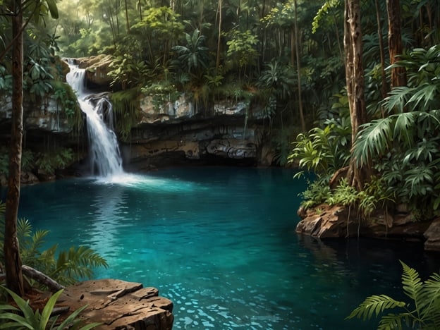 Das Bild zeigt eine idyllische Landschaft mit einem klaren, blauen Wasser, das in einen kleinen Teich fließt, umgeben von üppiger Vegetation und einem Wasserfall, der sanft in das Wasser stürzt.Der St. Herman's Blue Hole Nationalpark in Belize ist eine spektakuläre Naturlandschaft, die für ihre beeindruckenden Naturwunder bekannt ist. Der Park beheimatet eine Reihe von Höhlen und natürlichen Wasserlöchern, die sowohl für Wanderer als auch für Schwimmer sehr attraktiv sind. Die üppige tropische Vegetation und das kristallklare Wasser machen diesen Ort zu einem beliebten Ziel für Naturliebhaber und Abenteurer, die die Ruhe und Schönheit der Natur erleben möchten.