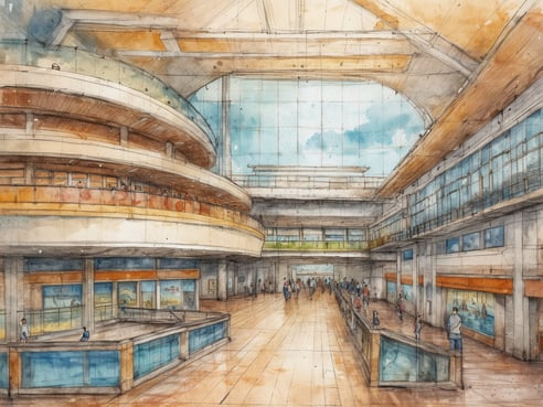 Das Bild zeigt das Innere eines modernen Kreuzfahrtterminals mit großen Fenstern, die viel Tageslicht hereinlassen. Die Architektur ist hell und offen, mit mehreren Ebenen, die durch geschwungene Balkone miteinander verbunden sind. Im unteren Bereich des Terminals sind viele Menschen zu sehen, die sich in verschiedenen Bereichen aufhalten, sowie Informationsschalter und große, bunte Fenster, die maritime Motive darstellen. Der Fußboden ist aus Holz und verleiht der Szene eine warme Atmosphäre.