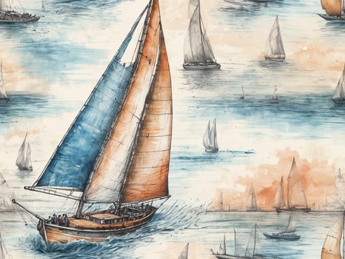 Auf dem Bild sind verschiedene Segelboote auf einem blauen Wasserhintergrund zu sehen. Ein großes Schiff mit orange und blauen Segeln ist im Vordergrund. Im Hintergrund sind weitere kleinere Segelboote in unterschiedlichen Größen abgebildet. Die gesamte Darstellung hat einen aquarellähnlichen Stil mit sanften Farbverläufen in Blau und Orange.