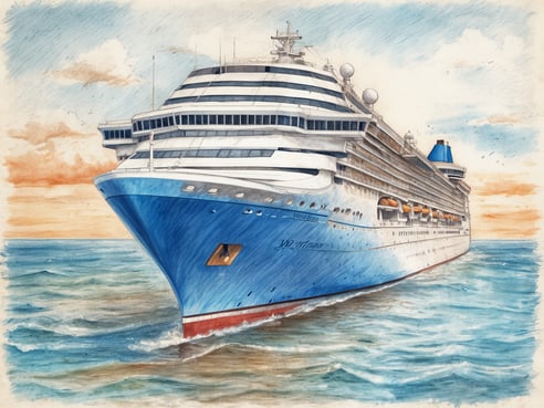 Ein großes Kreuzfahrtschiff fährt durch das Wasser. Die Vorderseite des Schiffes ist deutlich sichtbar, mit einer leuchtend blauen Farbe und weißen Akzenten. Im Hintergrund sind sanfte Wellen und ein farbenfroher Himmel bei Sonnenuntergang zu sehen, der orange und blau gefärbt ist. Es gibt einige Wolken und Vögel, die in der Nähe fliegen. Die gesamte Szenerie vermittelt ein Gefühl von Freiheit und Abenteuer auf See.