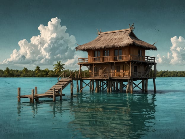 Auf dem Bild ist ein malerisches Holzhaus auf Stelzen zu sehen, das sich über Wasser erstreckt. Es hat ein Strohdach und einen kleinen Steg, der zu einem wassergeschützten Bereich führt. Umgeben ist das Haus von klarem, türkisfarbenem Wasser und üppiger tropischer Vegetation, die das friedliche Ambiente unterstreicht.Dieser Ort könnte eine Vorstellung von Bacalar Chico vermitteln, einem historischen und landschaftlich reizvollen Gebiet, das Natur und Kultur vereint. Die ruhige Umgebung und die Wasserlandschaften sind typisch für die Schönheit dieser Region, bekannt für ihre atemberaubenden Ausblicke und vielfältigen Ökosysteme. Bacalar Chico ist ein wahres Paradies für Naturliebhaber und bietet zahlreiche Möglichkeiten für Erholung und Entdeckung.
