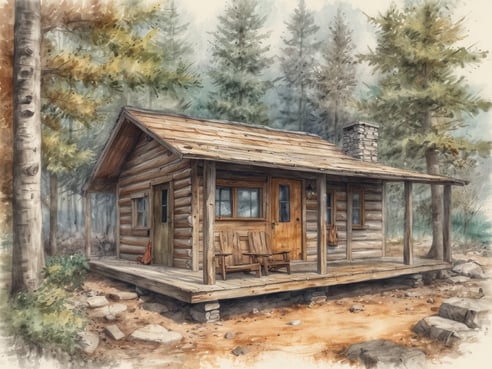 Eine malerische Holzhütte steht in einer bewaldeten Landschaft. Die Hütte hat ein steiles, graues Dach und eine Veranda mit zwei einfachen Holzstühlen. An der Frontseite gibt es eine Tür und mehrere Fenster. Rechts vom Eingang hängt eine kleine Tasche. Um die Hütte herum sind große Bäume, und der Boden ist mit Steinen und etwas Laub bedeckt. Der Himmel ist bewölkt, was eine ruhige und friedliche Atmosphäre schafft.