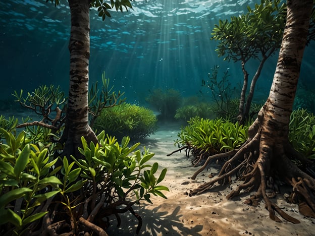 Auf dem Bild ist ein Mangrovenökosystem zu sehen, das unter Wasser zu sein scheint. Mangroven sind besondere Bäume, die in Küstengebieten und in tropischen sowie subtropischen Regionen wachsen. Sie sind bekannt für ihre charakteristischen Wurzelsysteme, die nicht nur im Wasser, sondern auch im schlammigen Boden verwurzelt sind.Diese Ökosysteme spielen eine bedeutende Rolle für die Umwelt. Sie bieten Lebensraum für zahlreiche Tierarten, einschließlich Fische, Vögel und andere Wildtiere. Außerdem schützen sie Küsten vor Erosion und helfen, Überschwemmungen zu vermindern. Mangroven filtern Schadstoffe aus dem Wasser und tragen zur Kohlenstoffbindung bei, was sie wichtig im Kampf gegen den Klimawandel macht. Insgesamt sind Mangrovenökosysteme essenziell für die Biodiversität und den Schutz der Küstenlinien.