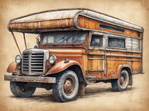 Ein nostalgischer Wohnmobil mit Doppelkabine aus Holz und Metall steht auf einem neutralen Hintergrund. Das Fahrzeug hat eine rustikale Ausstrahlung mit einer charakteristischen Motorhaube und runden Scheinwerfern. Der Aufbau ist aus Holz mit einer klassischen Überdachung, die zusätzlichen Schutz bietet. Die Reifen sind robust und geben dem Wohnmobil ein Offroad-Feeling. 