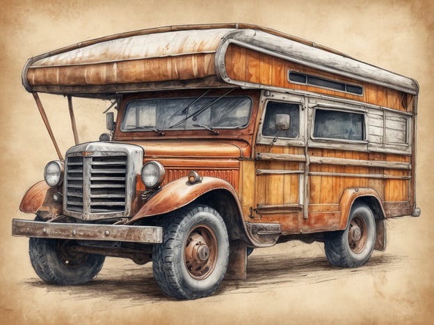 Ein nostalgischer Wohnmobil mit Doppelkabine aus Holz und Metall steht auf einem neutralen Hintergrund. Das Fahrzeug hat eine rustikale Ausstrahlung mit einer charakteristischen Motorhaube und runden Scheinwerfern. Der Aufbau ist aus Holz mit einer klassischen Überdachung, die zusätzlichen Schutz bietet. Die Reifen sind robust und geben dem Wohnmobil ein Offroad-Feeling. 